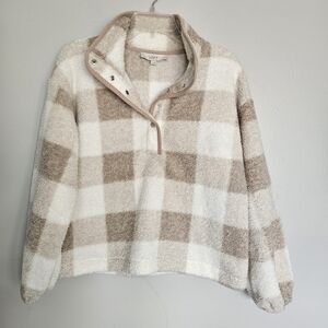LOFT Women's Plaid Sweater - Cream and Tan EUC Snap Neckline Small S